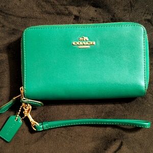 Coach Double Zip Wallet, Shamrock Green with gold accents